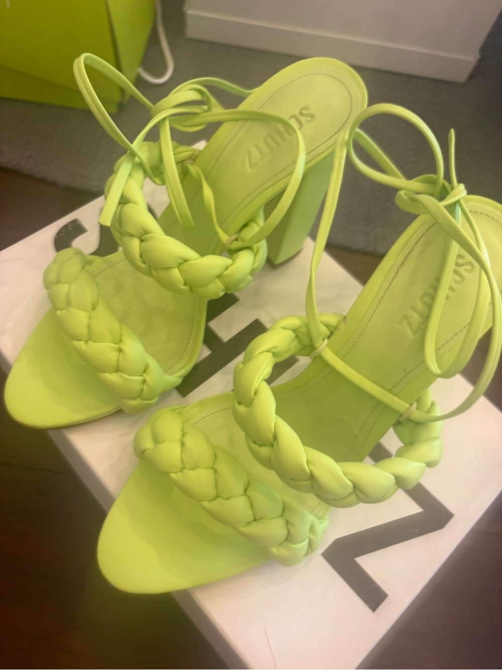 SCHUTZ Braided Strappy High-Heel Sandals in Neon Lime - Picture 2 of 4